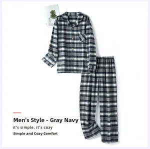 Pyjama homme en coton avec motifs à carreaux bleu marine et gris et haut boutonné