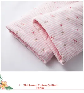 Detailed macro view of thickened quilted fabric with pink floral patterns and bows
