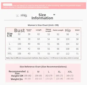 Tableau des tailles détaillé pour pyjamas en coton pour femmes avec mesures de S à XXL