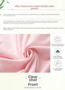 Detailed texture of pink double-layer 100% cotton gauze fabric with grid pattern