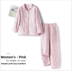 Detail of pink floral cotton pajama set for women with long sleeves and front pockets