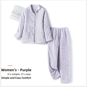 Detail of lavender floral quilted thermal pajamas with buttons and front pockets