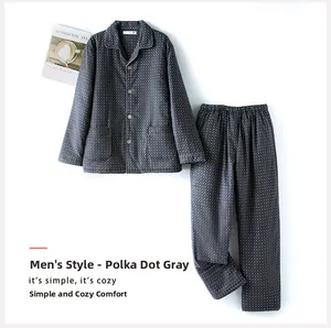 Close-up of men's gray polka dot quilted pajamas set with soft cotton fabric texture