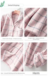 Vues détaillées du pyjama en polaire corail à carreaux roses avec revers et coutures