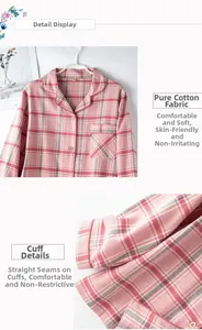 Détail du pyjama en coton à carreaux roses avec col à revers, boutons et poche