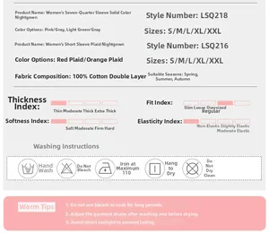 Size chart and washing instructions for 100% cotton double-layer gauze women sleepwear