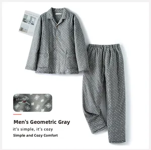 Detailed view of men's thick three-layer thermal cotton pajama set with geometric patterns
