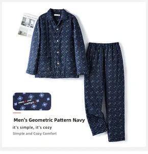 Detail of navy blue men's thermal quilted pajamas with geometric pattern and soft fabric