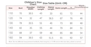 Tableau des tailles détaillé pour pyjamas en flanelle enfant allant de 110 à 160 cm