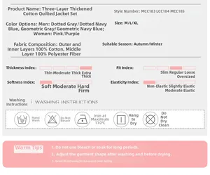 Detailed size chart and fabric specifications for three-layer thermal cotton pajamas set