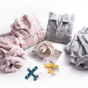 Ensemble de Pyjama en Polaire Corail à Carreaux pour Enfants Épaissi Chaud Flanelle Manches Longues Cardigan Vêtement de Nuit Filles Garçons