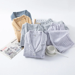 Pyjama en Coton Pied-de-Poule Haut Et Pantalon Décontracté Manches Longues Vêtements de Détente Boutonné Pour Couple Femme Homme