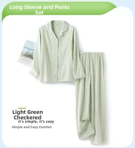 Detail of light green plaid cotton pajama set with long sleeves and trousers