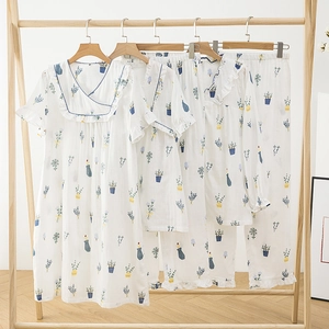 Women Cotton Pajamas Double Layer Gauze Potted Plant Print Nightgown Ruffle Sweet Breathable Sleepwear Top And Bottom