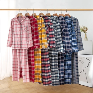 Ensemble De Pyjama En Coton Brossé 100% Pour Couple À Carreaux Manches Longues Haut Et Pantalon Doux Chaud Vêtements De Nuit