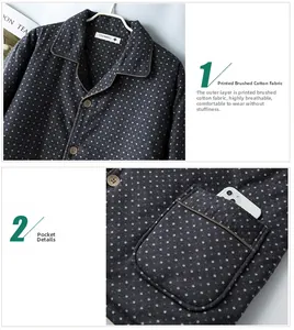 Detail of printed brushed cotton pajamas with button closure and chest pocket