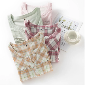 Women Cotton Double Layer Gauze Nightgown V Neck Lace Trim Short 3/4 Sleeve Plaid Solid Color Casual Loose Sleepwear Gown