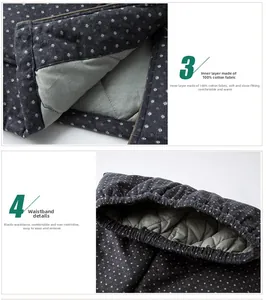 Detail of grey polka dot quilted trousers with pure cotton lining and elastic waistband