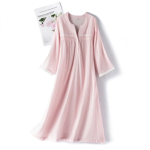 Pink pure cotton double gauze nightgown with V-neck lace trim and button detail