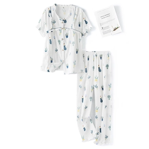 Women's cotton pajama set with green potted plant prints and ruffle trim details
