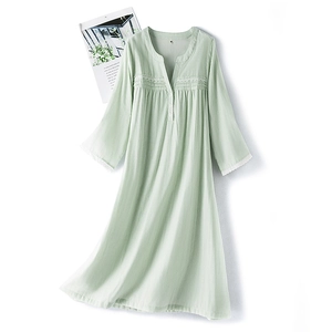 Light green cotton gauze sleepwear for women featuring V-neck and lace trim detail