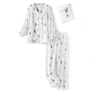 Floral print cotton pajama set with long sleeves and ruffled V-neck in white