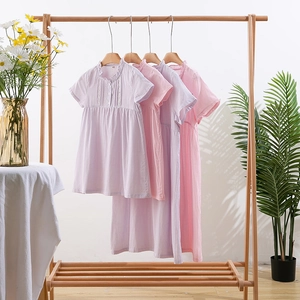 Chemise de Nuit en 100% Coton à Carreaux pour Filles Manches Courtes Col à Volants Robe de Nuit Dentelle Été