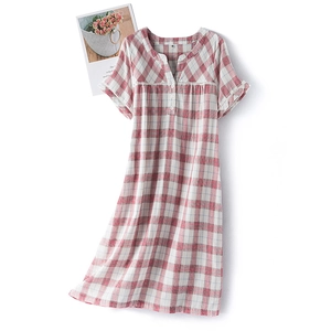 Women's red and white checkered cotton nightdress with lace trim and V-neckline