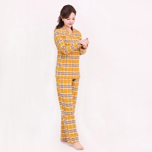 Ensemble pyjama d'hiver en coton à carreaux jaune moutarde pour couple avec haut boutonné
