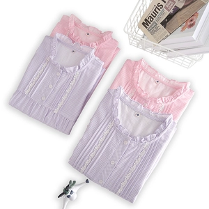 Chemise de nuit en coton à carreaux pour femmes avec dentelle et col à volants