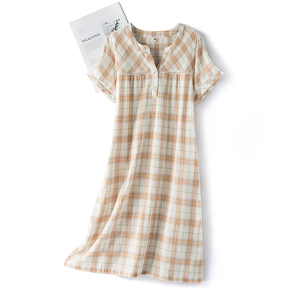 Women's plaid cotton double gauze nightgown with short sleeves and button V-neck detail