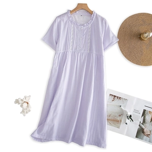 Short sleeve lavender gingham cotton nightgown with lace trim and wooden button detail