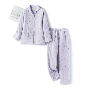 Purple floral thick cotton thermal pajamas set with long sleeves and button-down front