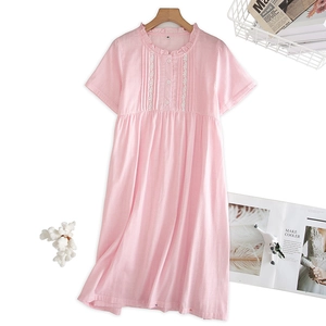 Women's pink gingham cotton nightdress with ruffled collar and lace details