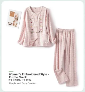 Detail of embroidered floral patterns and lace trim on purple plaid cotton pajamas