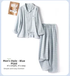 Pyjama en coton pour homme à carreaux bleu clair, ensemble avec haut à manches longues