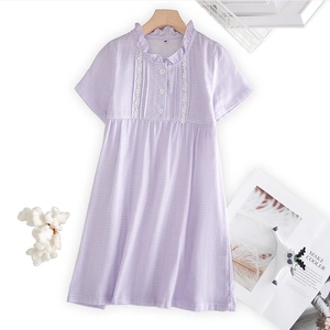 Robe d'été en coton pour filles à carreaux lavande avec dentelle et col volanté