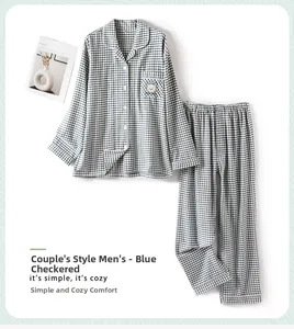 Detail of blue plaid cotton pajamas for men with small bear embroidery and cozy texture