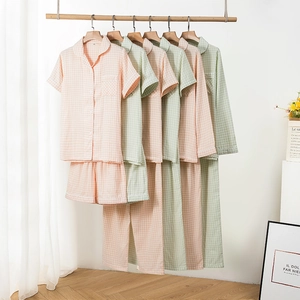 Women Plaid Cotton Pajamas Top And Pants Breathable Double Layer Gauze Casual Homewear Gingham Sleepwear Notched Lapel Top