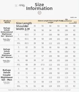 Detailed size guide table for couple's embroidered cotton pajama set with measurements