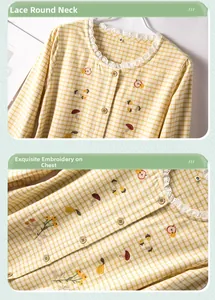 Detailed view of women's pajamas with lace round collar and intricate fruit embroidery