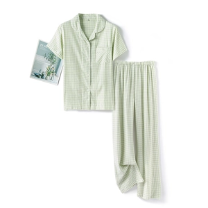 Women's cotton green gingham pajama set with short sleeve top and long trousers