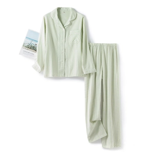 Women's minimalist green gingham cotton pajama set with long sleeves and pants