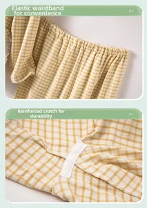 Detail of elastic waistband and reinforced crotch on yellow checkered cotton pajama pants