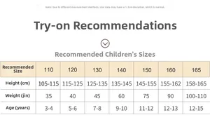 Größentabelle für Kinderbekleidung mit Größen- und Altersempfehlungen für 3 bis 15 Jahre