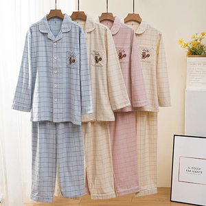 Pyjama à Carreaux en Coton Homme Femme Haut Et Pantalon Avec Broderie Écureuil Automne Hiver Manches Longues Homewear