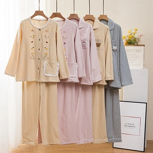 Cotton Brushed Fleece Plaid Gingham Pajamas Top And Bottom Embroidered Cartoon Couple Loungewear Sweet Sleepwear Suit