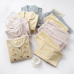 Cute embroidered cotton flannel plaid pajamas set for couples with long sleeves and pants