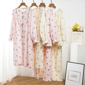 Damen Niedliches Baumwolle Flanell Schlafanzug Oberteil Und Hose Nachtwäsche Süßes Blumen Nachthemd Mit Spitze Rüschen Detail