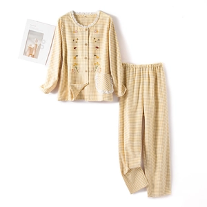 Yellow gingham cotton pajama set with floral embroidery and white lace collar details